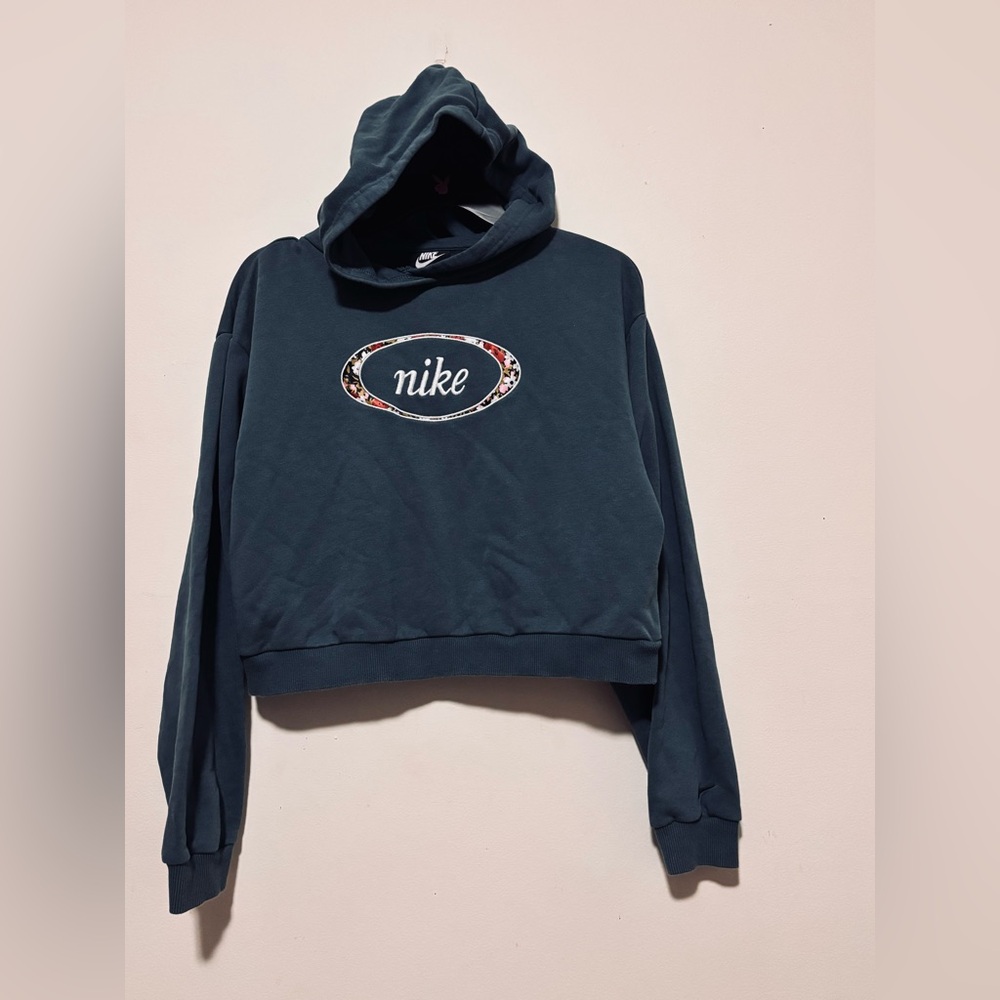 Nike Teal Cropped Hoodie with Floral Oval Logo